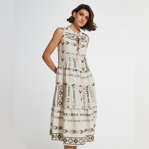 Kasia Ydra Black Gold Sleeveless Open V-Neck Tiered Midi Dress